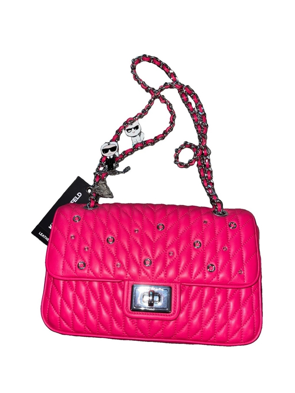 Karl Lagerfeld Agyness Hot Pink with Charms Leather Crossbody Handbag Nwt.